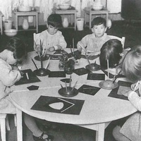 In a Children's House in Berlin, children are drawing geometric figures together. Photo taken in 1927 - T. Müller, R. Schneider, <em>Lehrmaterialien 1913-1935. Möbel und Architektur. Techning Meterials 1913-1935. Furniture and Architecture</em>, München, Prestel Verlag, 2002, p.100$$$466